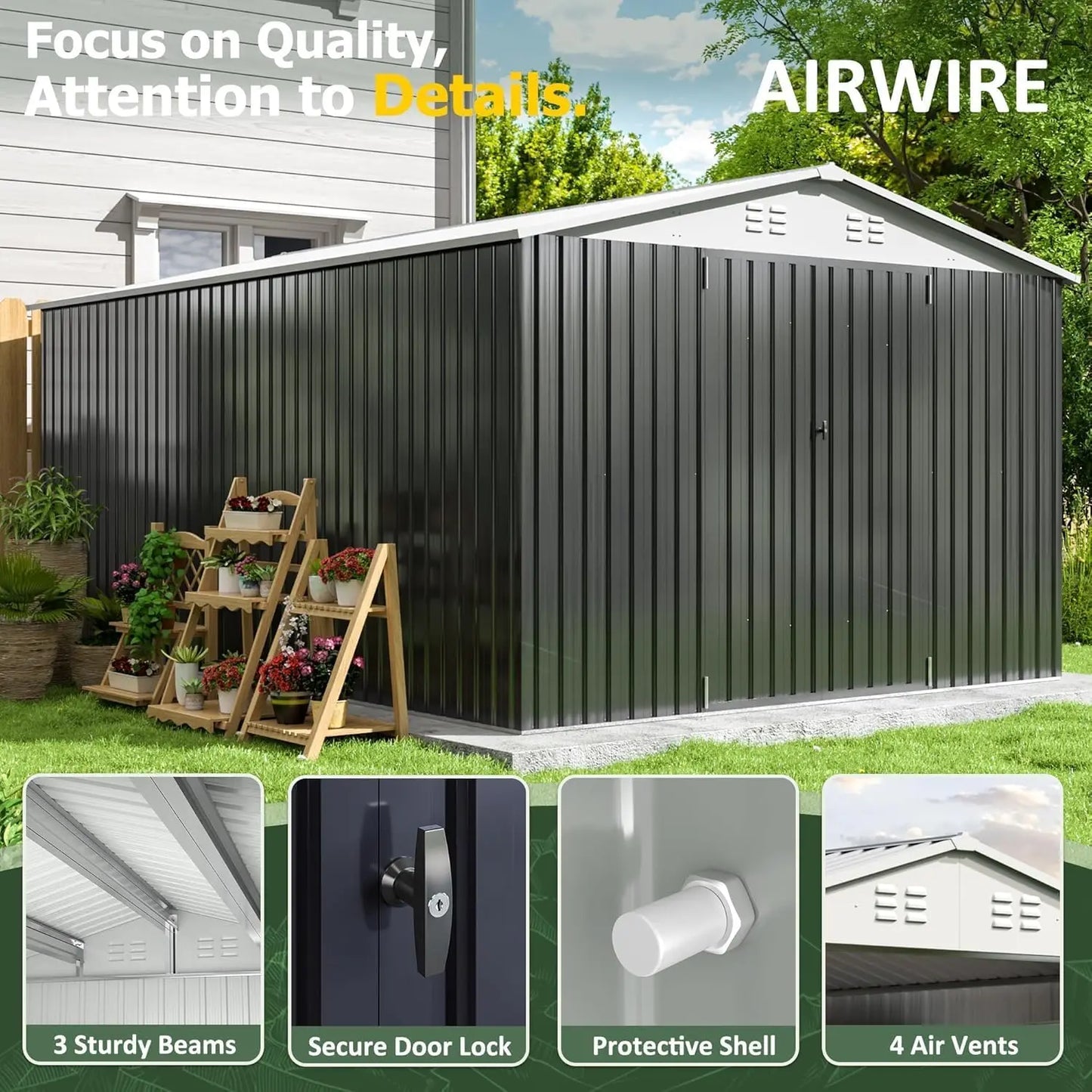 Outdoor Metal Storage Shed With Lockable Doors And Upgraded Frame