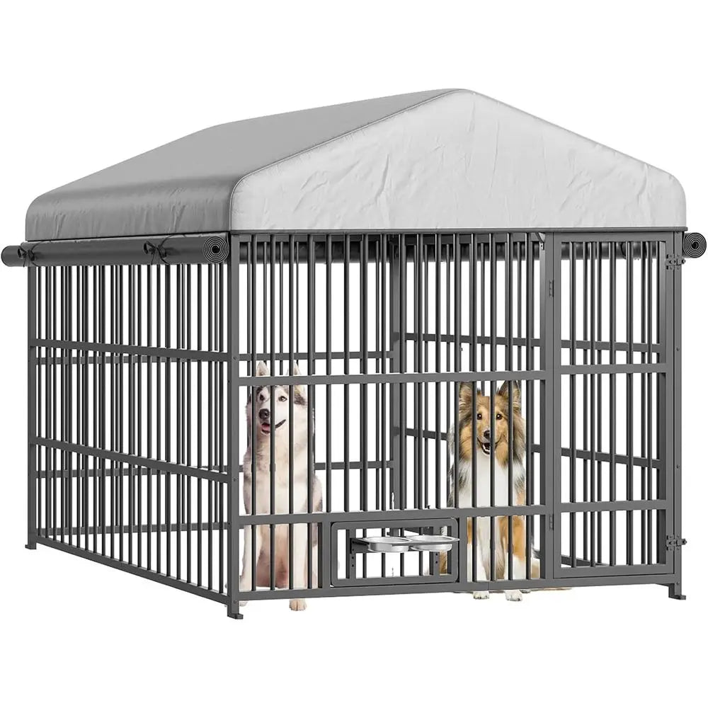 Outdoor Dog Kennel With Cover Waterproof Roof And Rotating Bowls