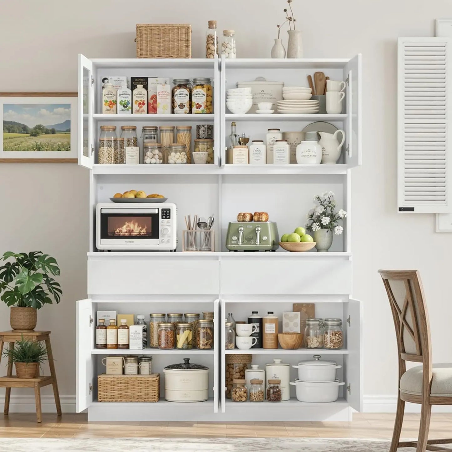Kitchen Pantry Storage Cabinet With Glass Doors And Drawers