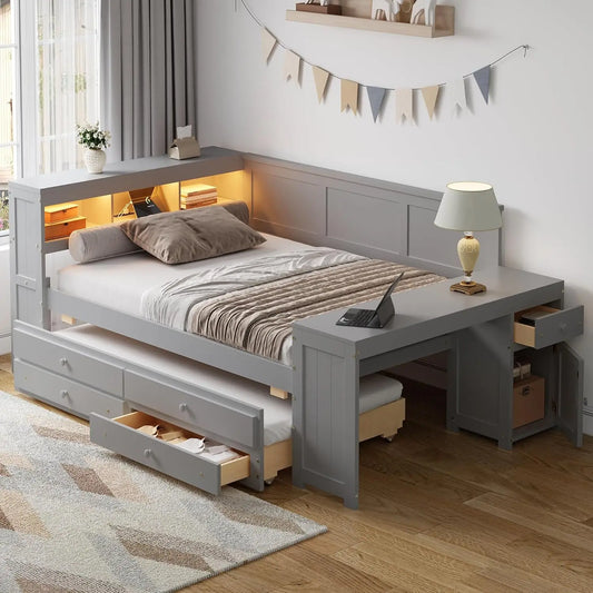 Daybed With Desk, Cabinet And USB Charging Storage