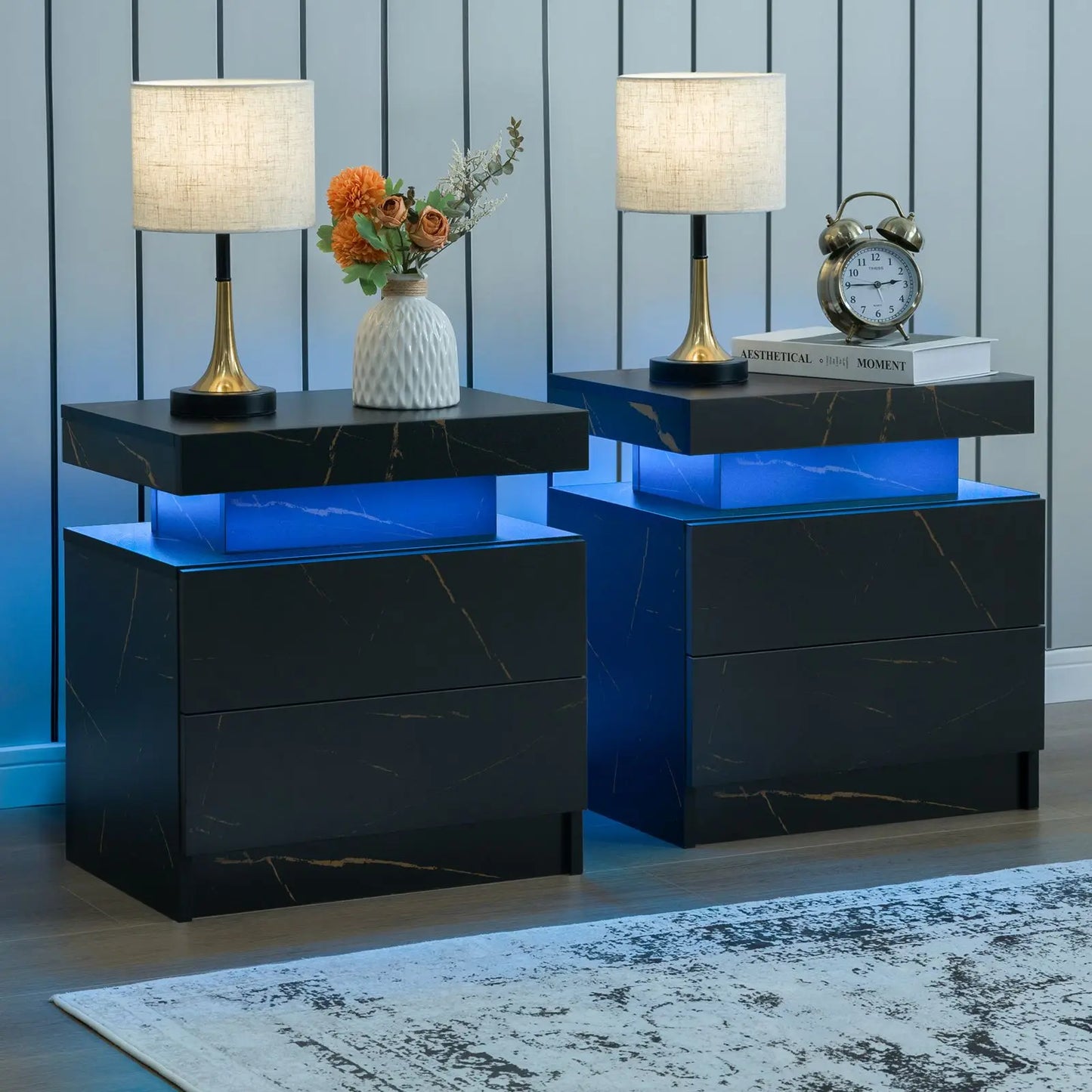 Cubehom LED Nightstand Set Of 2 With Drawers Bedside Table