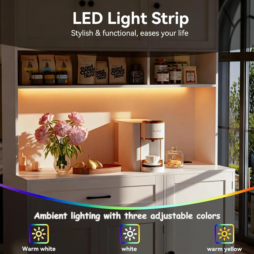 Pantry Cabinet With LED Light And Charging Station Tall Storage