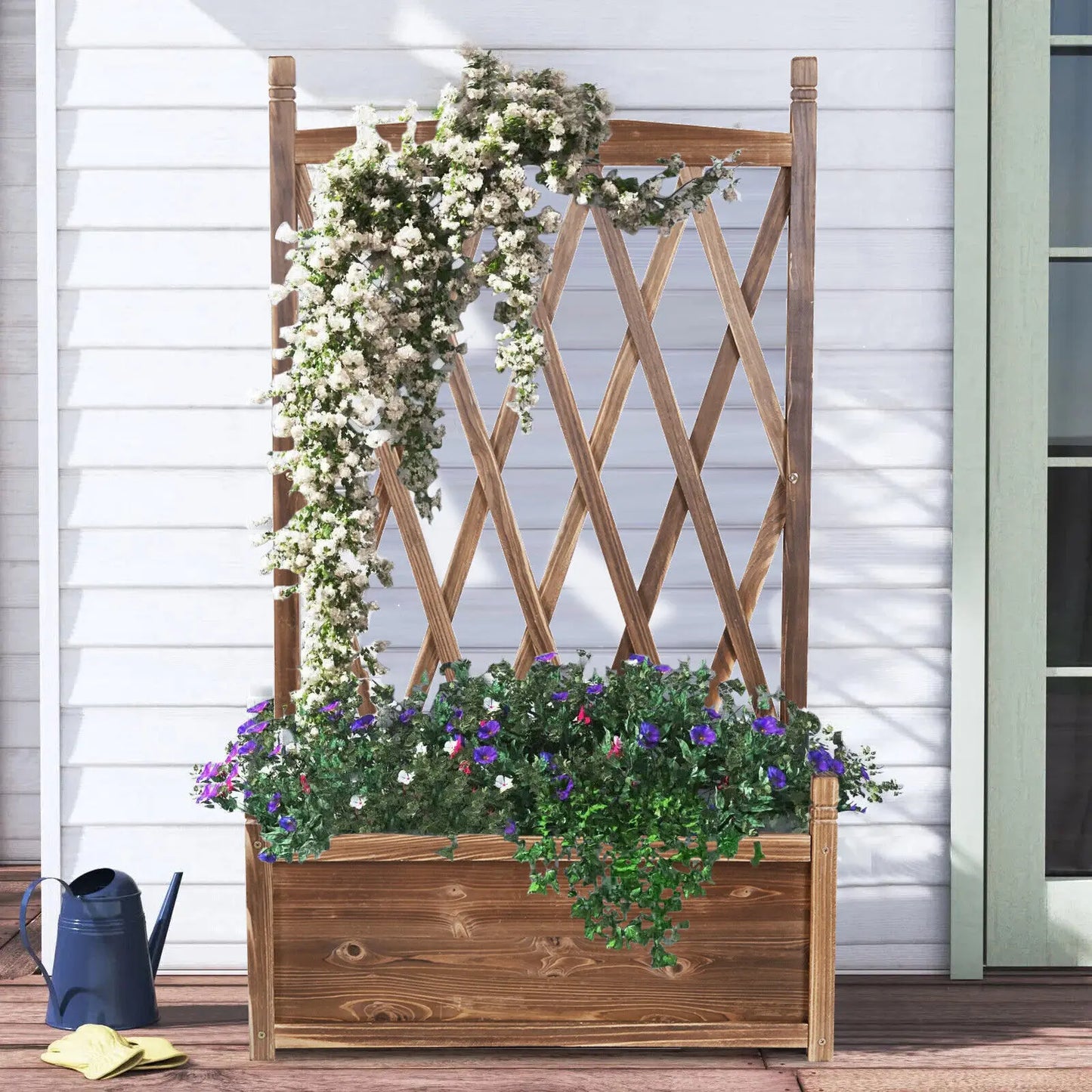 Elevated Wooden Garden Planter Box With Integrated Trellis