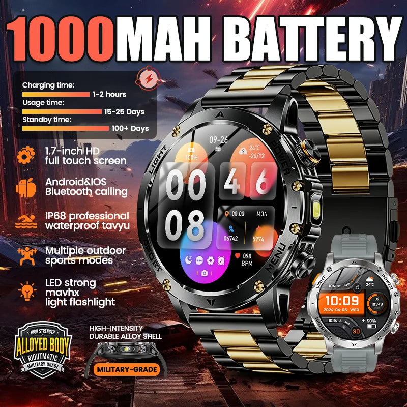 Outdoor Mens Sports Smart Watch IP68 Waterproof 1000mAh Bluetooth Heart Rate