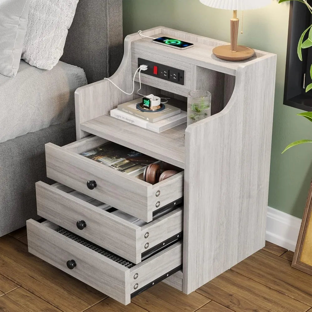 Nightstand Set With Charging Station And Hutch For Bedroom