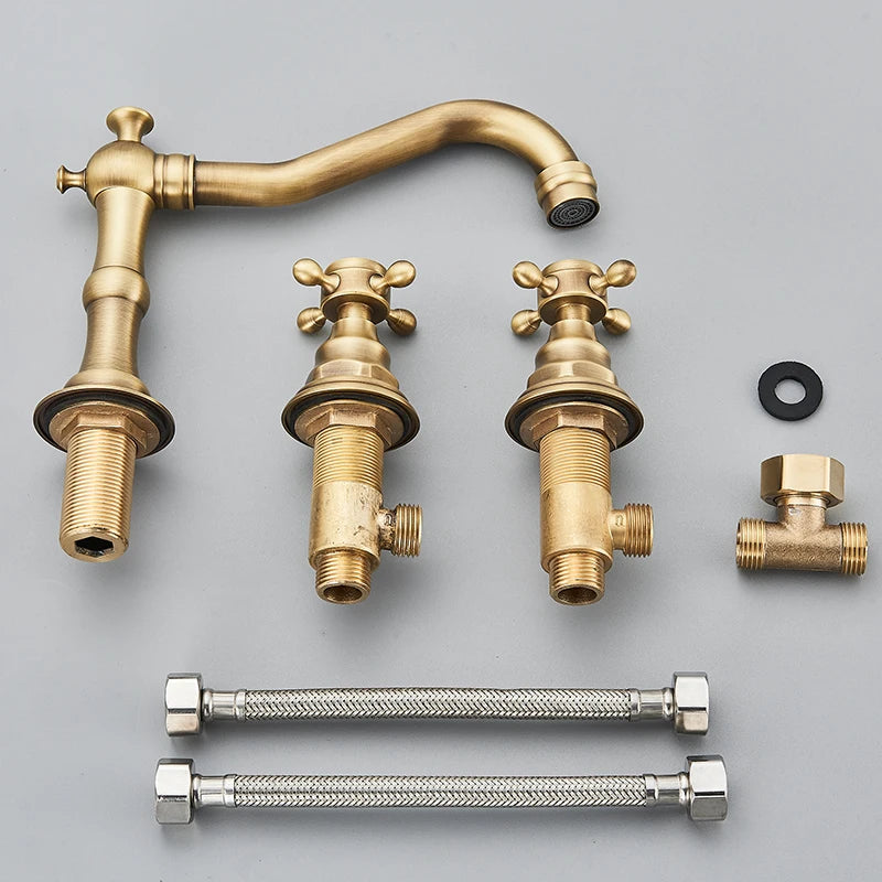 Saeuwtowy Antique Brass Bathroom Faucet Three Hole Deck Mount