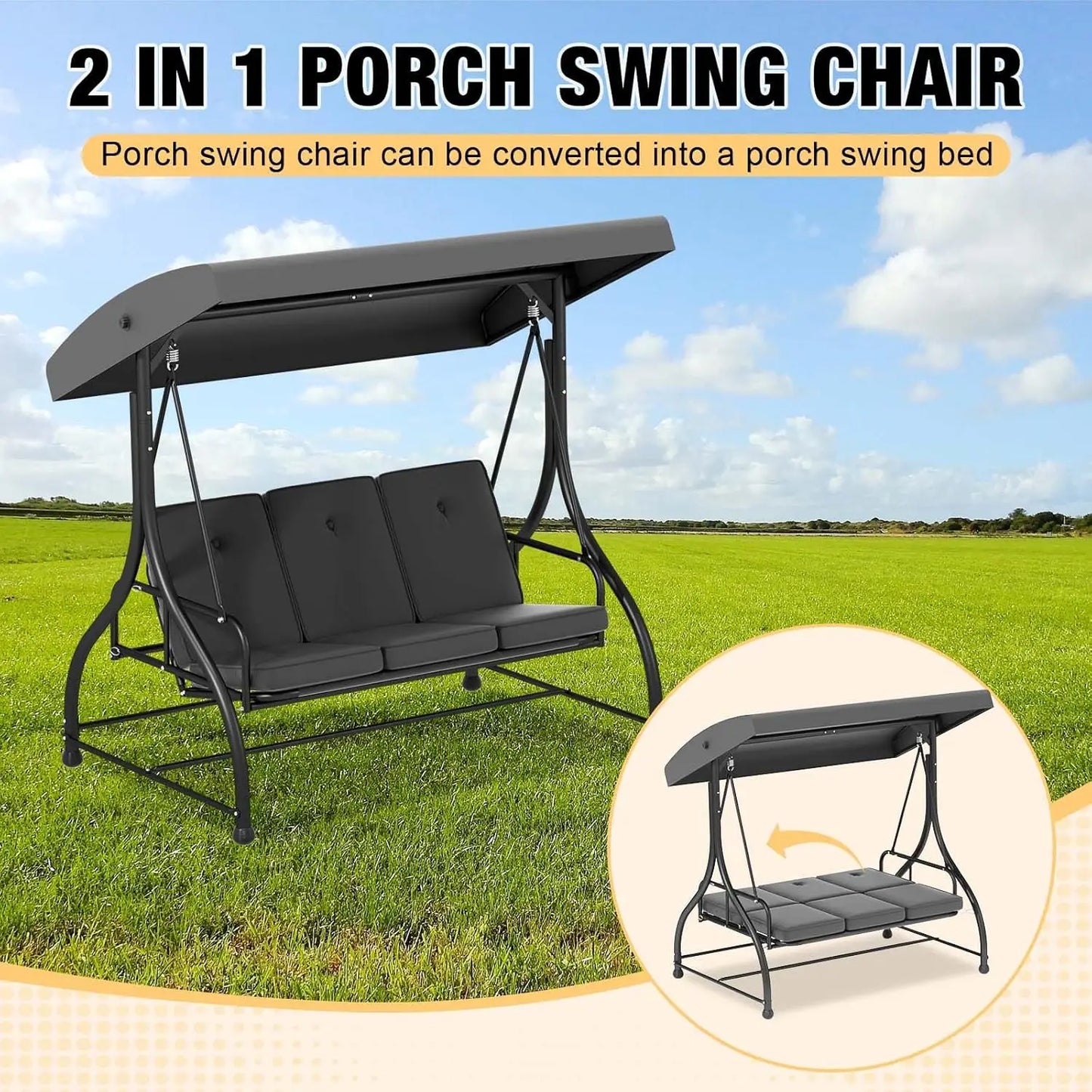 Outdoor Three Seat Patio Swing With Adjustable Canopy
