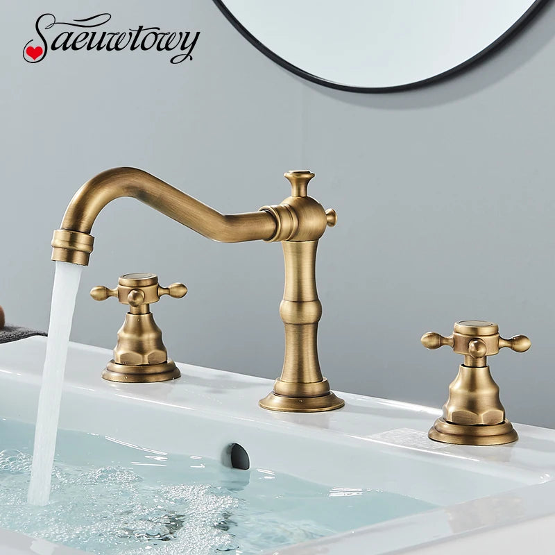 Saeuwtowy Antique Brass Bathroom Faucet Three Hole Deck Mount