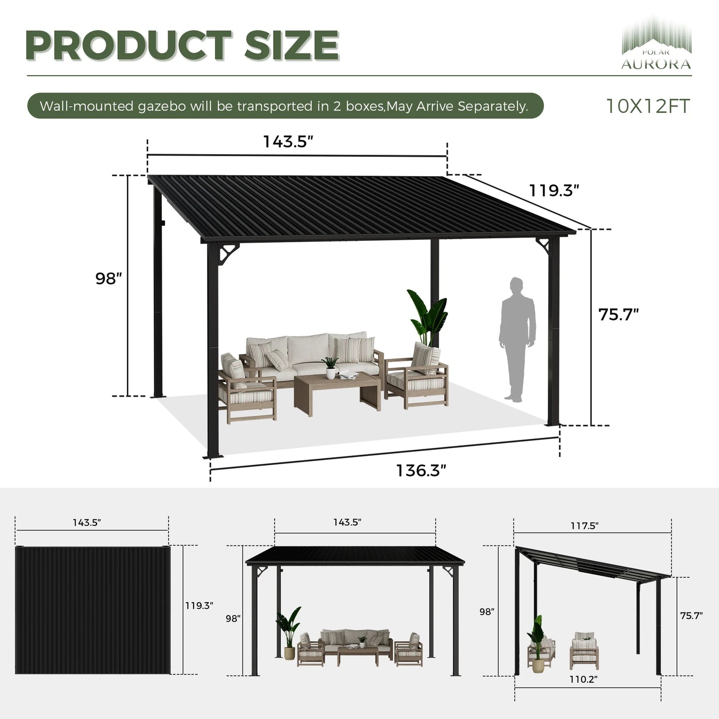 VIWAT Lean To Gazebo With Galvanized Steel Roof Patio
