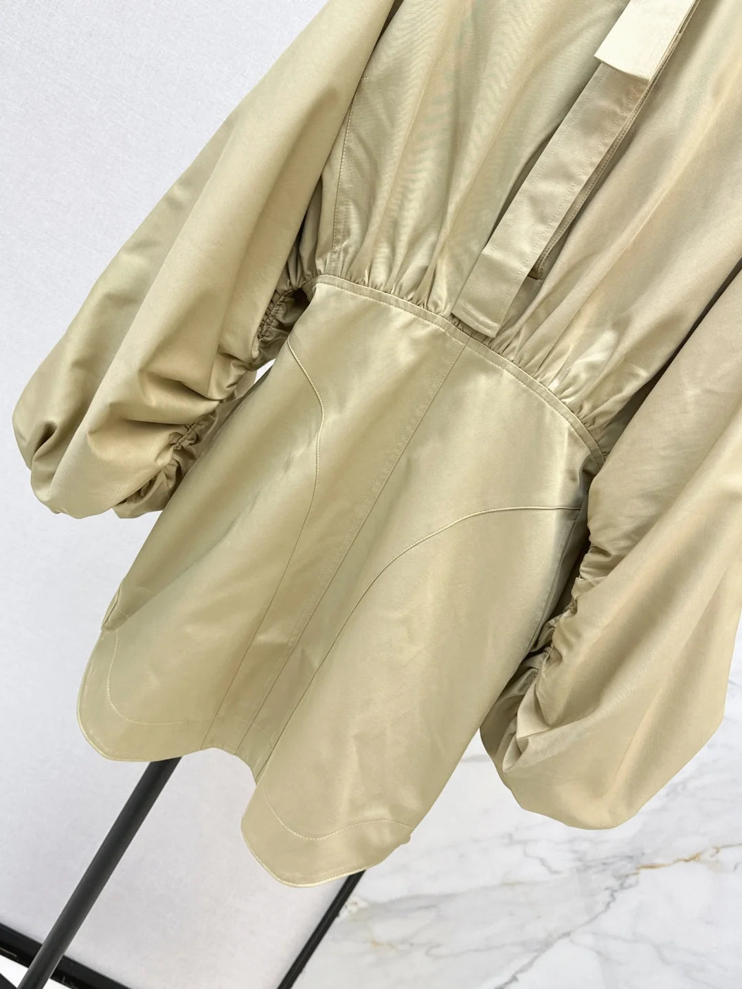 Women Long Sleeve Stand Collar Pleated Waist Cotton Zipper Dress