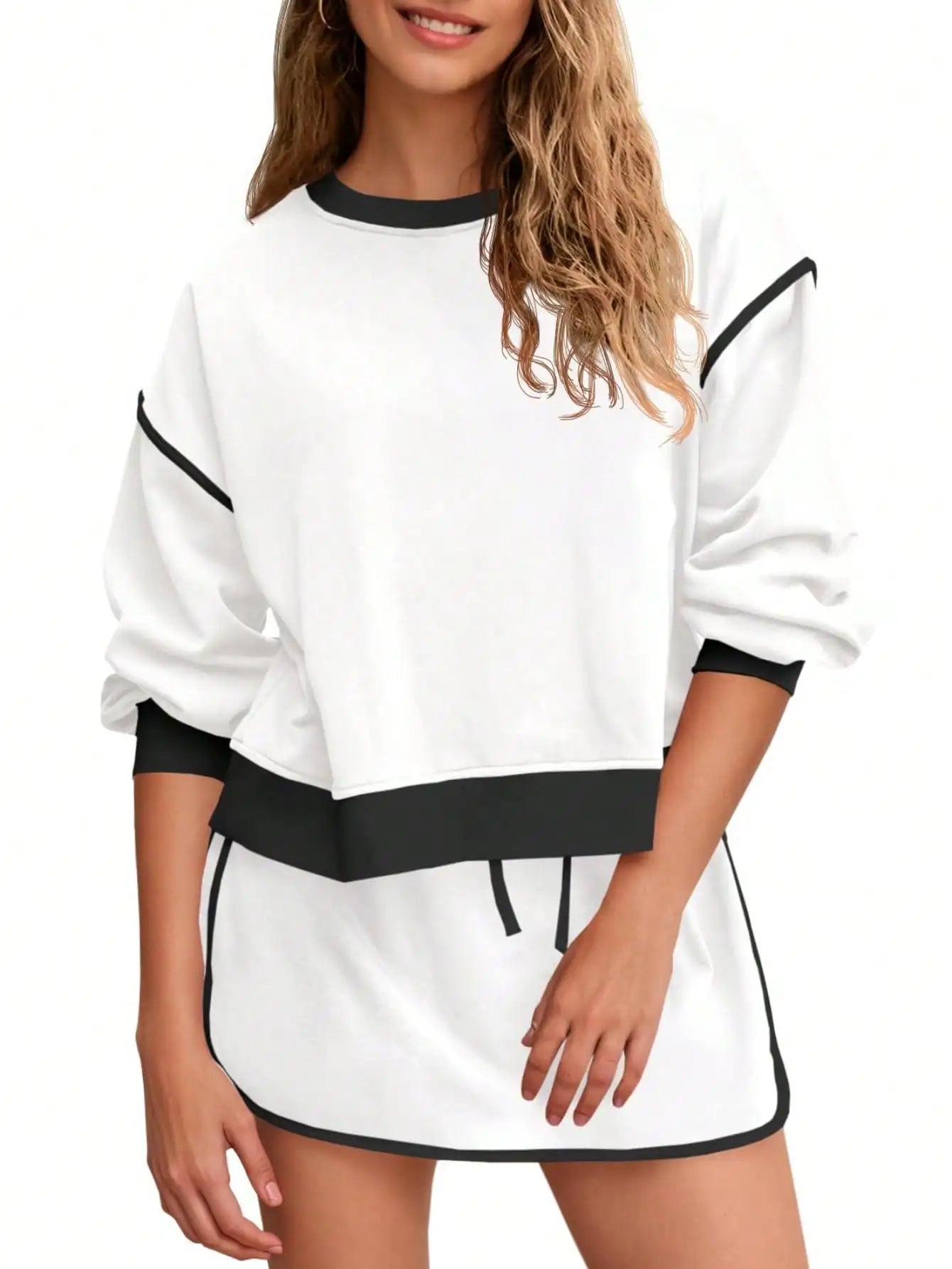 Fisoew Women's 2 Piece Crewneck Sweatshirt Skort Sweatsuit Lounge Set