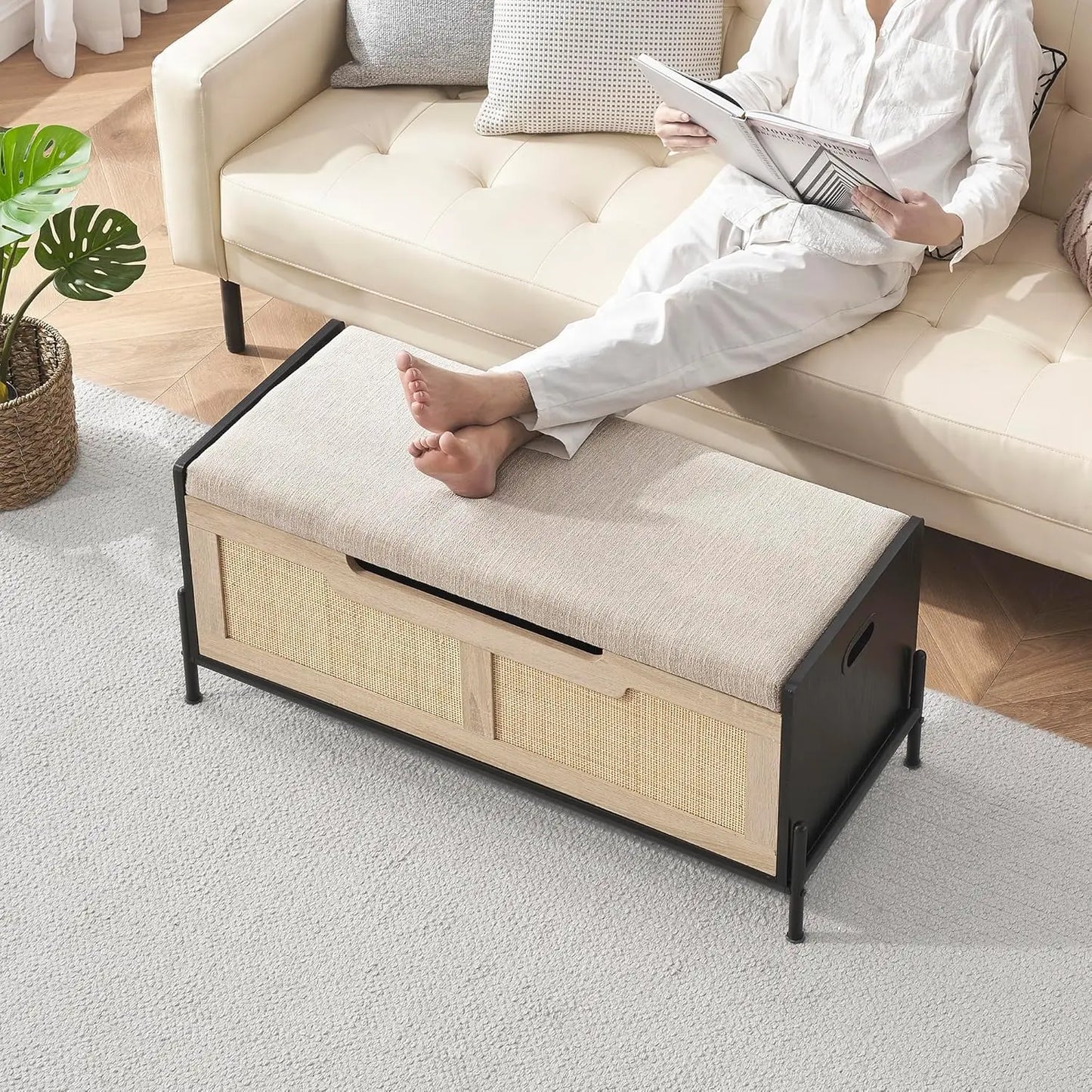 HobbyLane Rattan Storage Bench With Cushioned Seat For Entryway