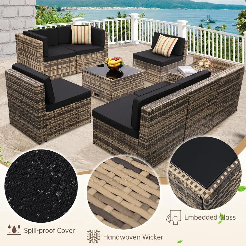Outdoor Wicker Sectional Set With Hidden Storage Glass Top Table