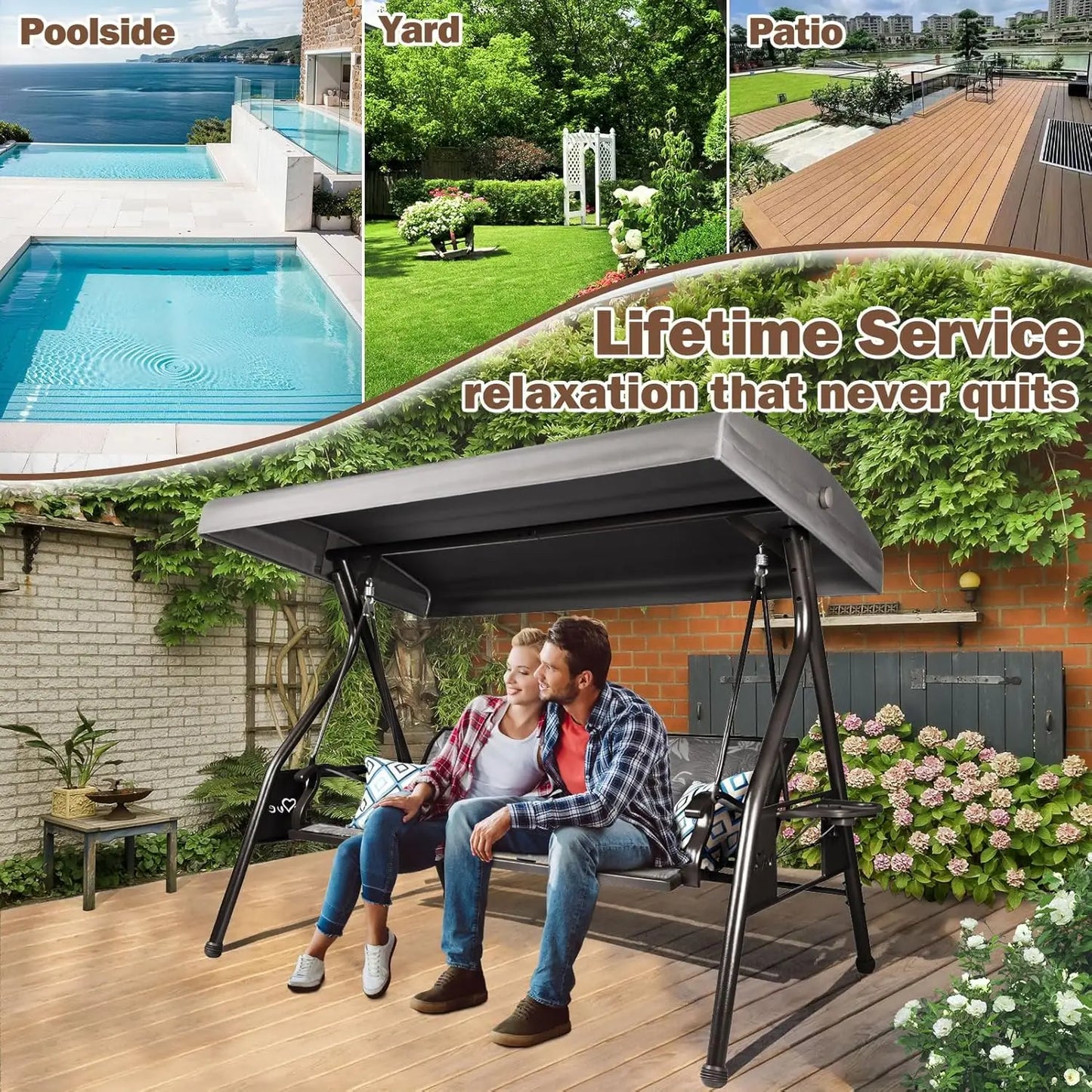 Outdoor 3-Seat Patio Swing Chair With Adjustable Cup Holders