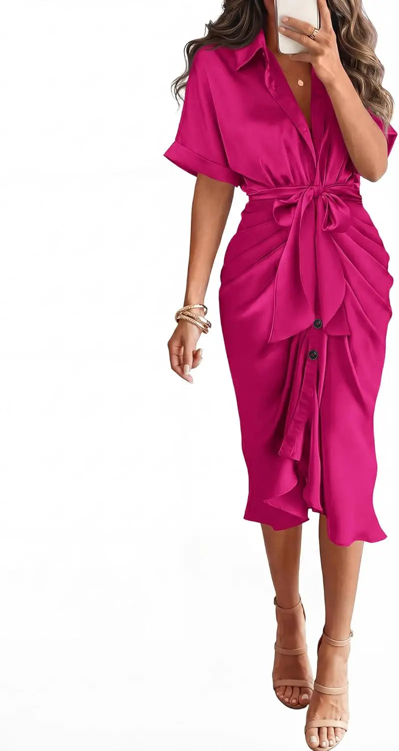 Elegant Women Summer Satin Midi Dress V Neck Short Sleeve