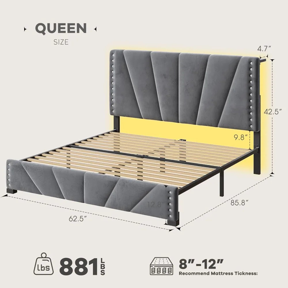 Queen Bed Frame With Headboard USB Charging LED Lights
