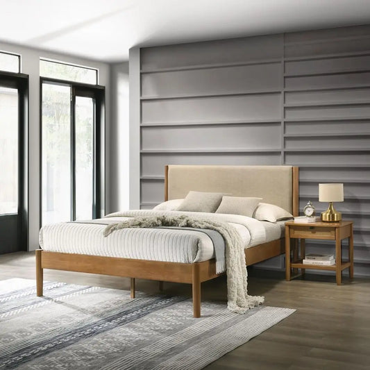 YTYIN Vichy Rubberwood Bedroom Set With Upholstered Bed And Nightstand