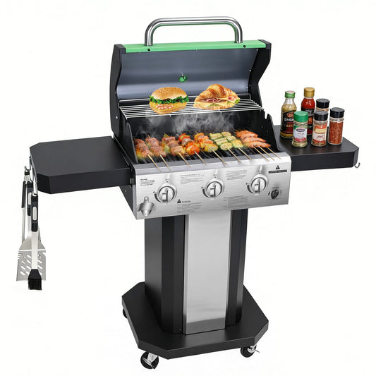 Propane 3 Burner Gas Grill With Warming Rack And Wheels