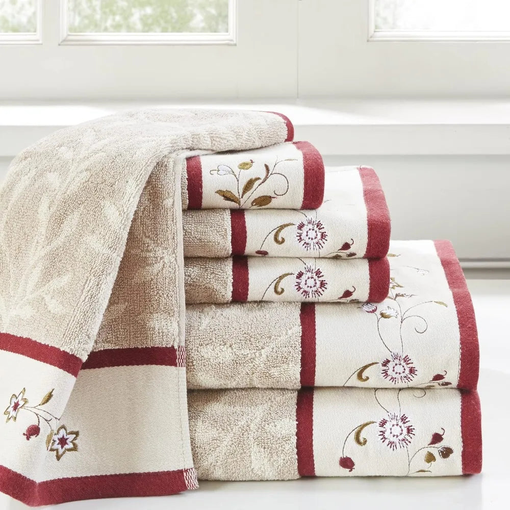 100 Percent Cotton Bath Towel Set With Floral Embroidered Jacquard