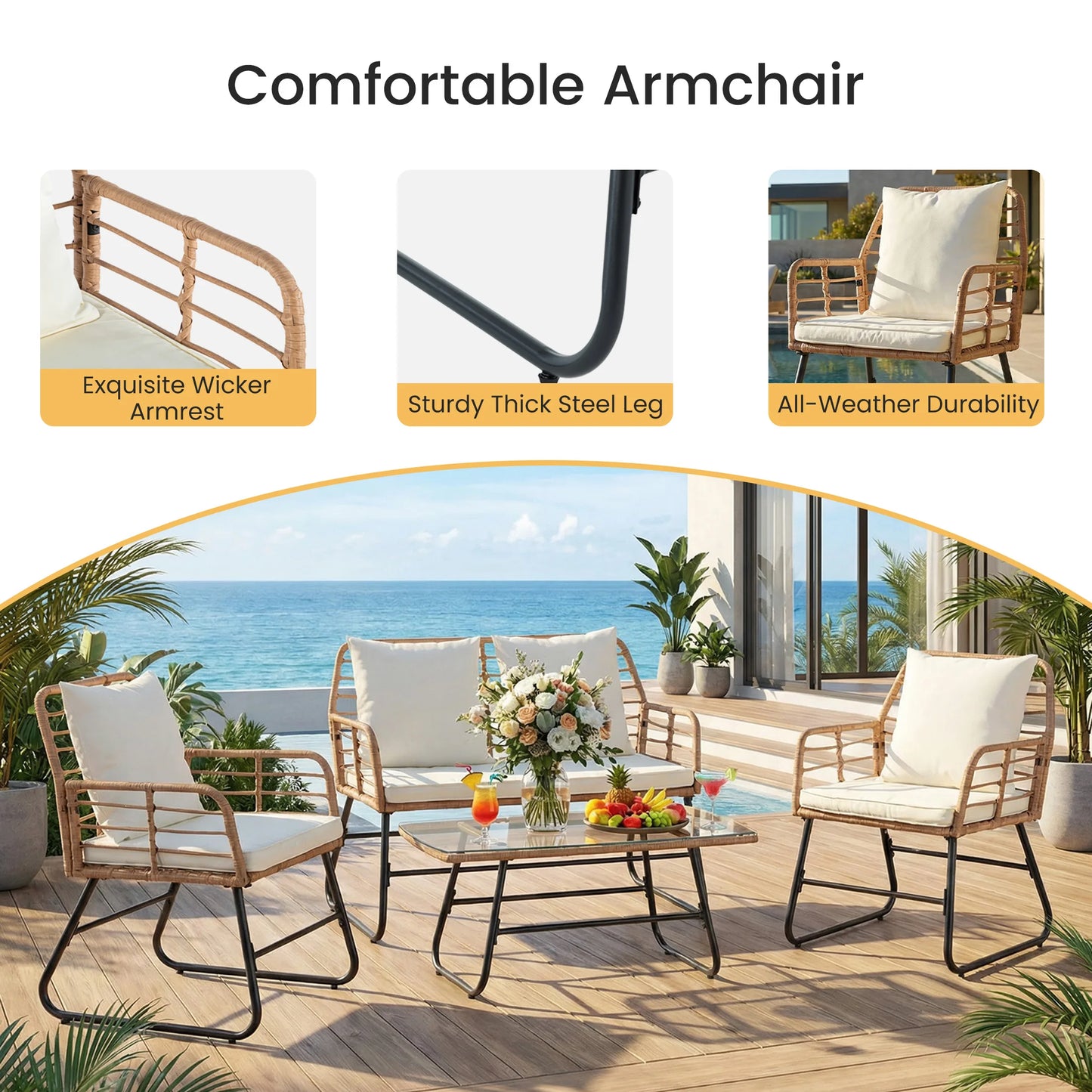JHK Outdoor Wicker Patio Set 4-Piece With Glass Table