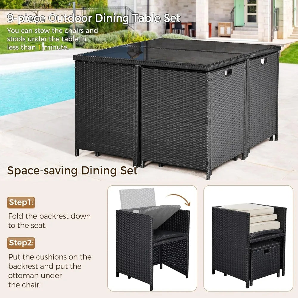Outdoor Wicker Patio Dining Set With Glass Table And Ottomans