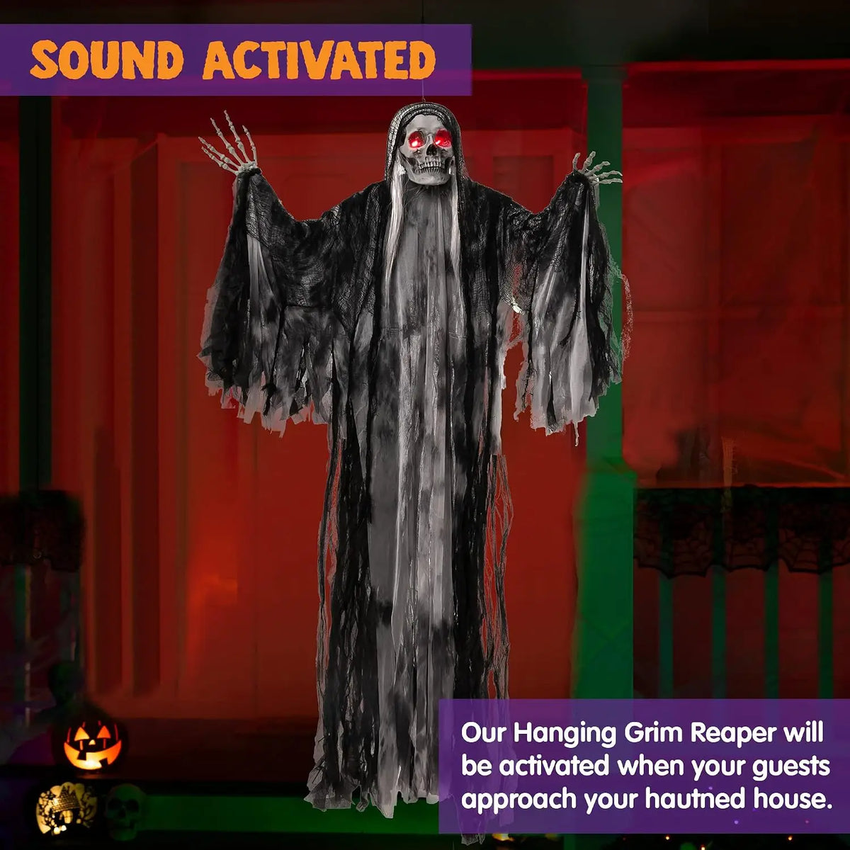 Joyfy Animated Hanging Grim Reaper Halloween Decoration with Voice Control