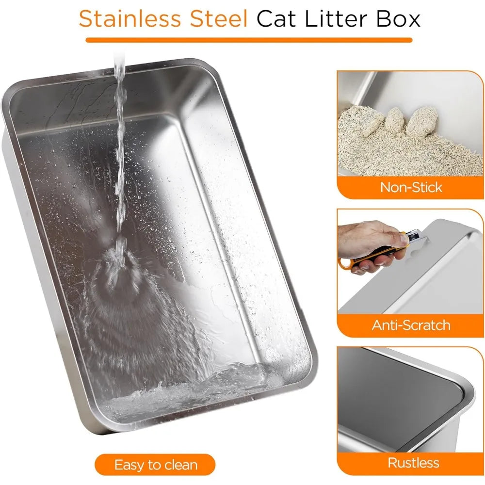 XIUWO Stainless Steel Enclosed Litter Box With Lid Scoop Mat