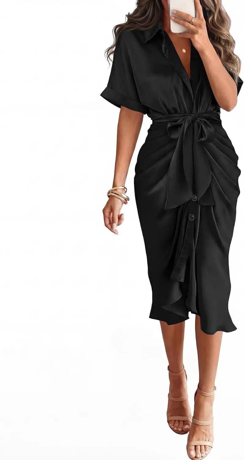 Elegant Women Summer Satin Midi Dress V Neck Short Sleeve