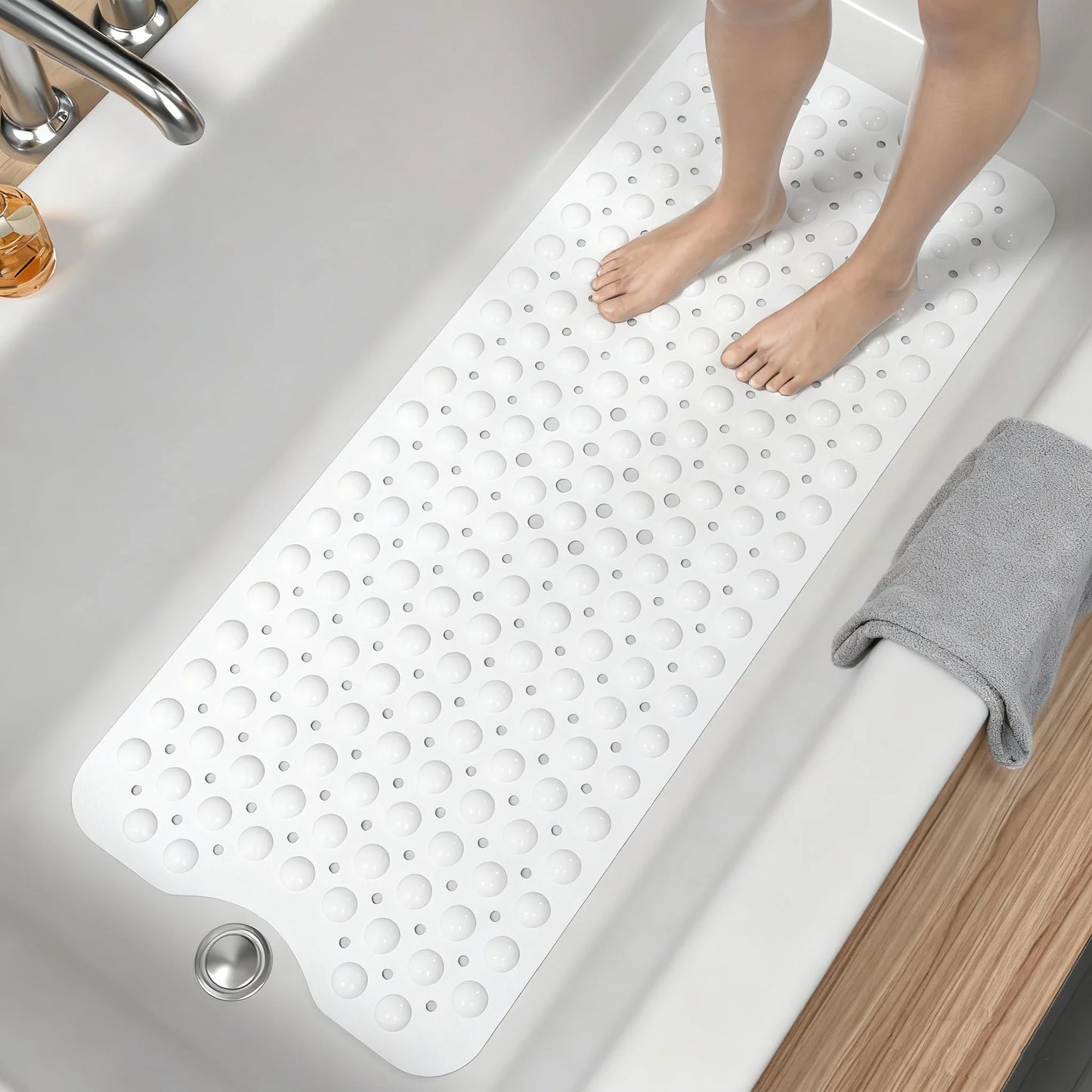 Extra Long Non Slip Bathtub Mat PVC With Suction Cups Drain Holes