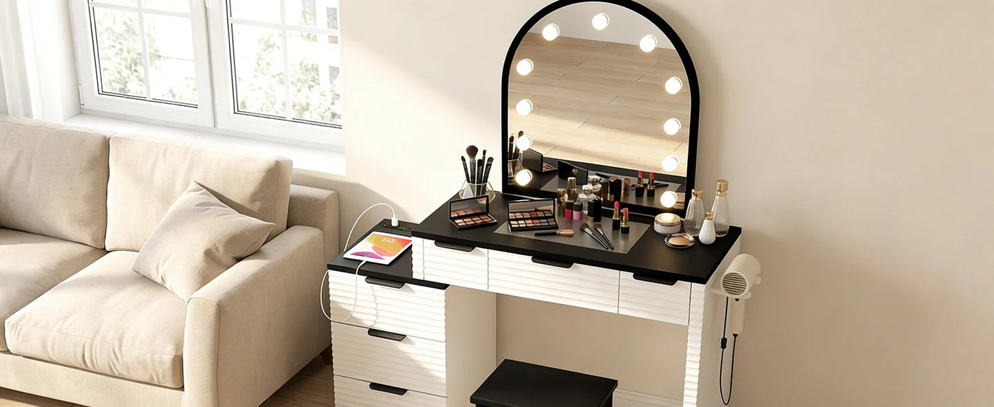 Modern Vanity Desk Chair Set Mirror Light Power Outlet