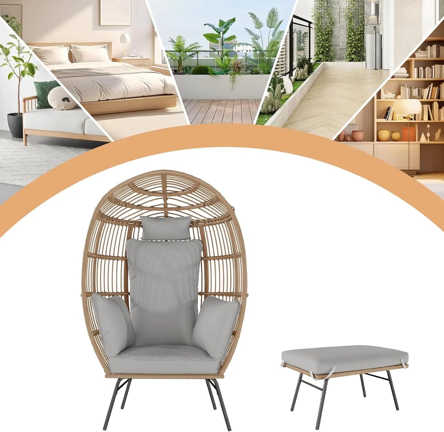 Wicker Egg Chair With Ottoman Outdoor Patio Lounge Cushions