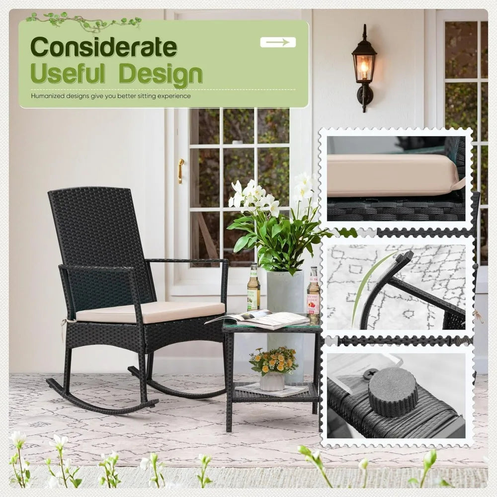 Flamaker Outdoor Rocking Chair Set Rattan Patio Chairs With Glass Table