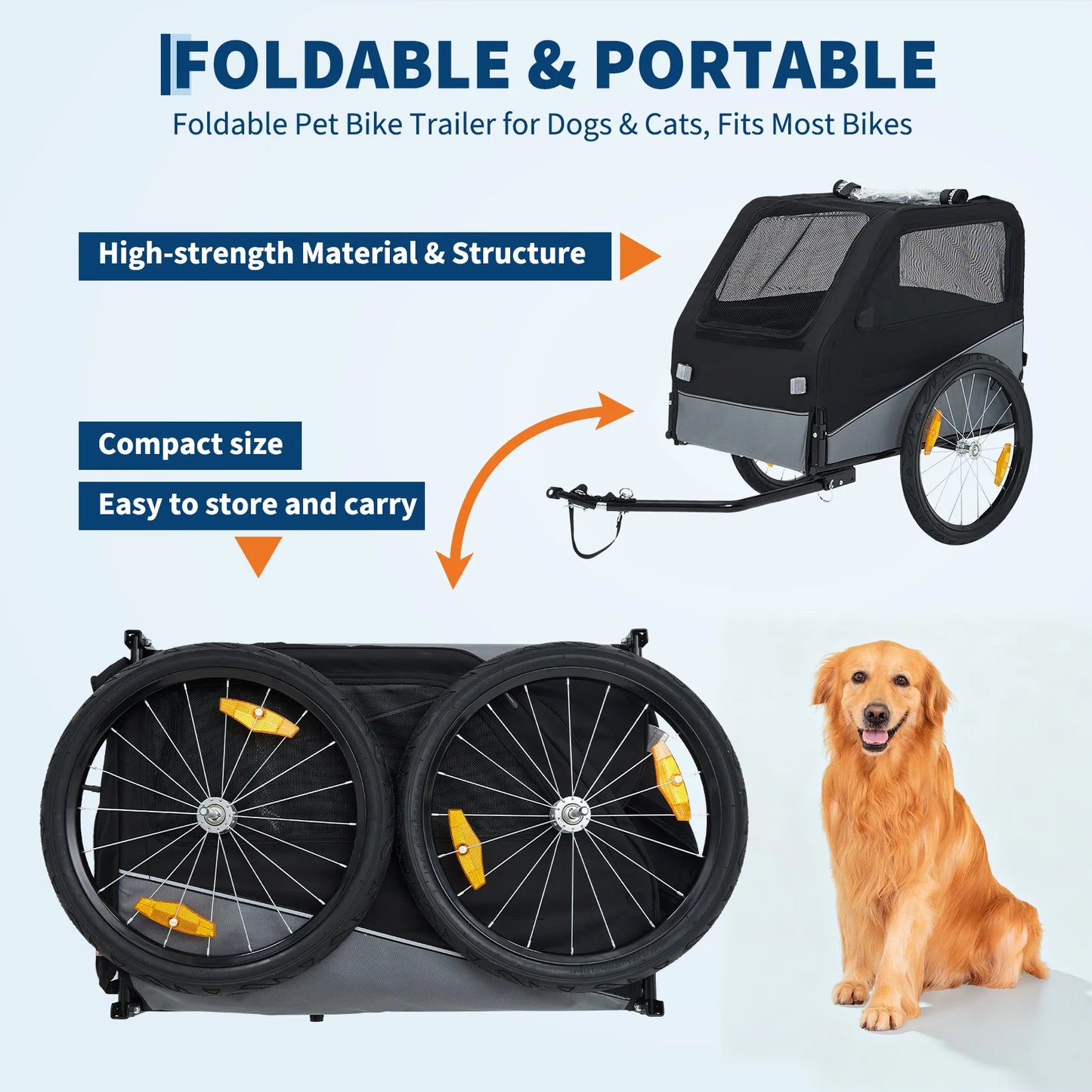 Foldable Dog Bike Trailer With Steel Frame Carrier Heavy Duty