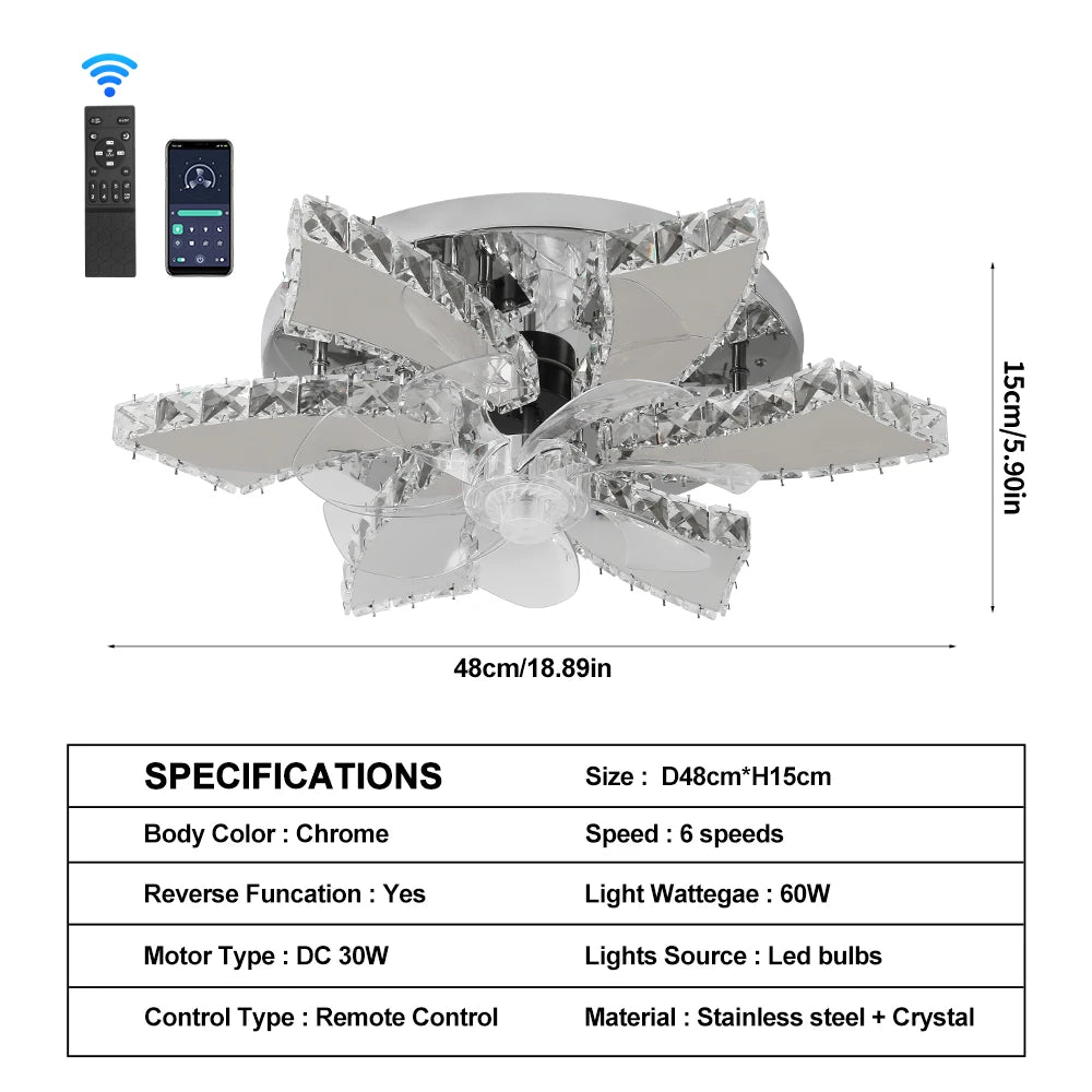Vetrulus Smart Crystal LED Ceiling Fan Chandelier With Remote Control
