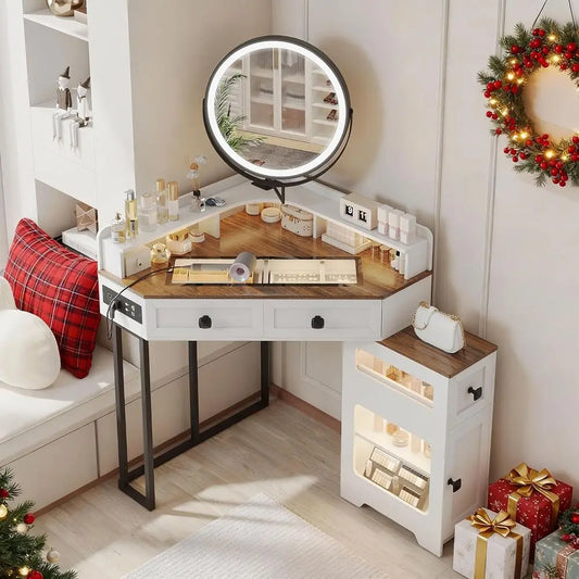 Modern Vanity Desk With Lighting And Charging Station For Makeup