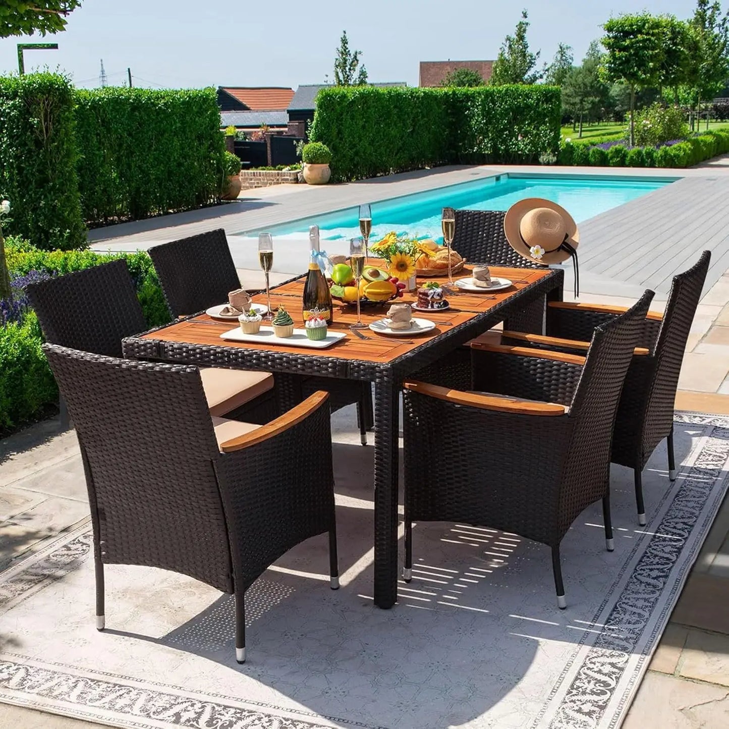 Dining 7 Piece Patio Conversation Set With Acacia Wood Tabletop
