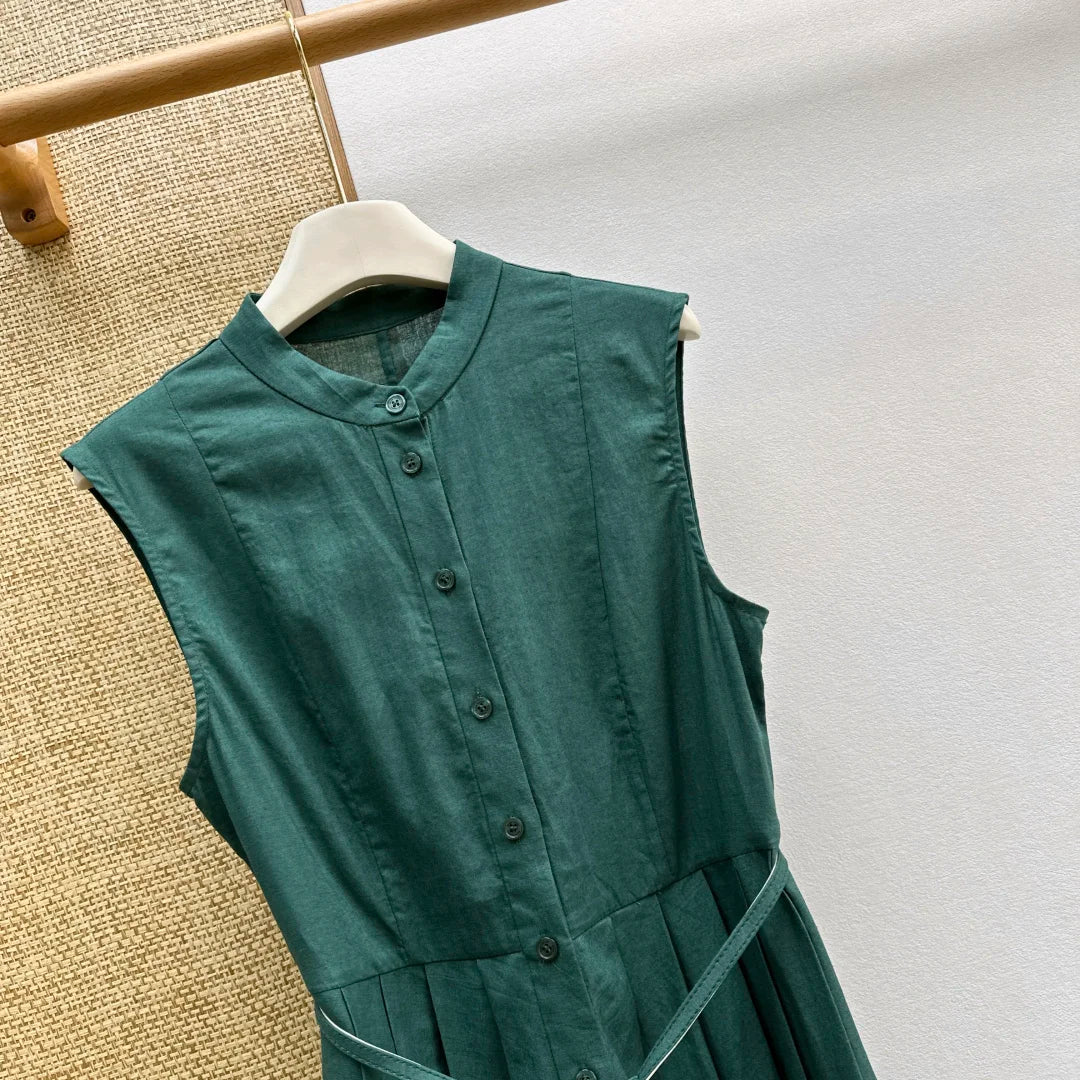 Women Sleeveless Round Neck Button Linen Cotton Spring Summer Dress