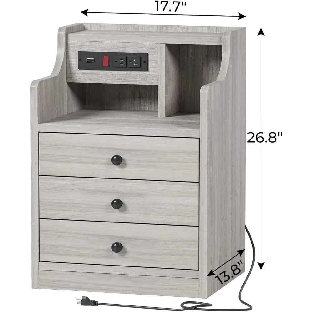 Nightstand Set With Charging Station And Hutch For Bedroom