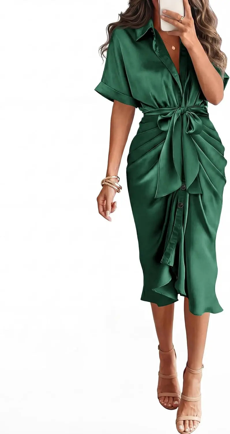 Elegant Women Summer Satin Midi Dress V Neck Short Sleeve