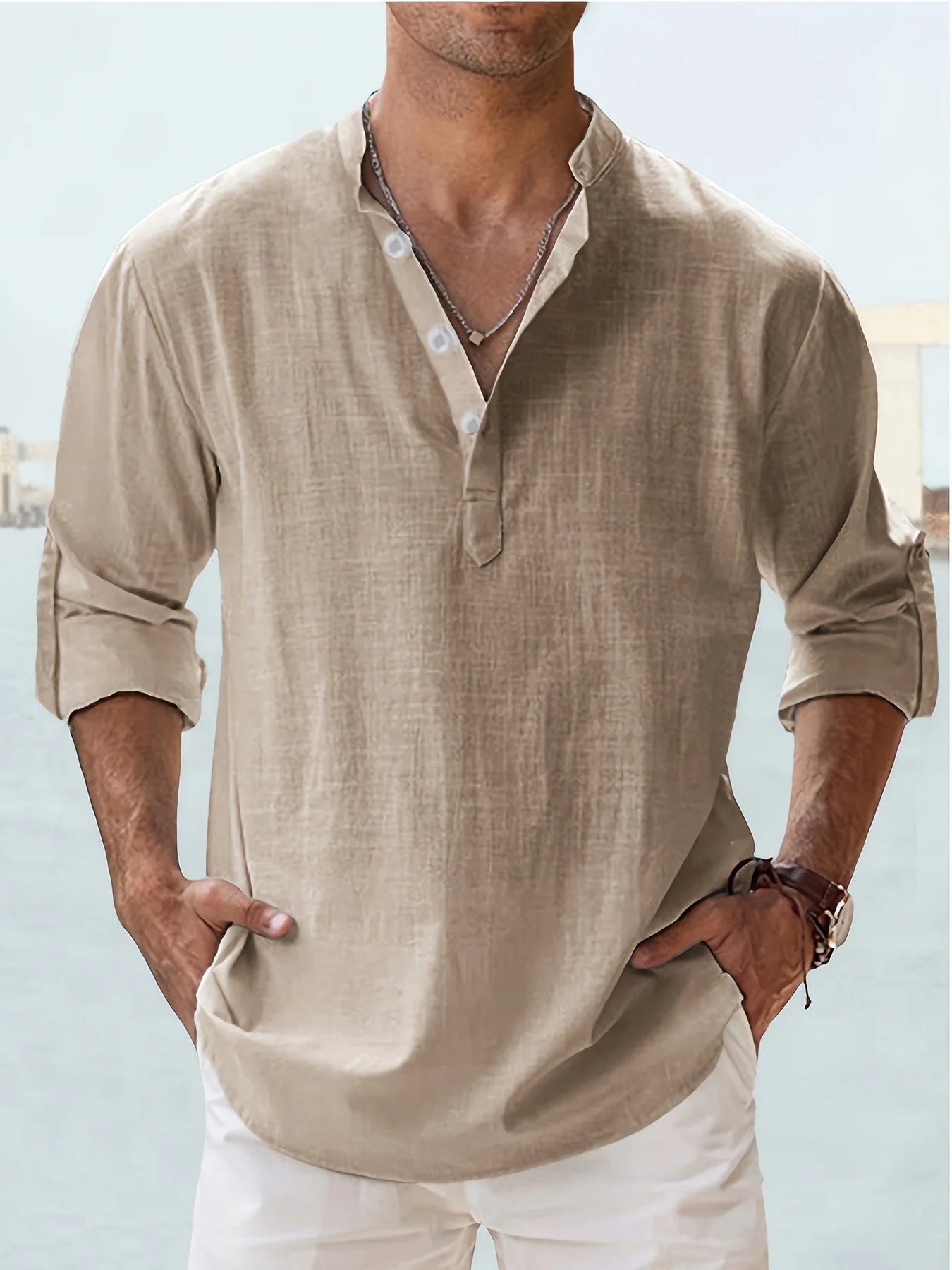 Mens Long Sleeve Cotton Linen Shirt Loose Fit Summer Wear