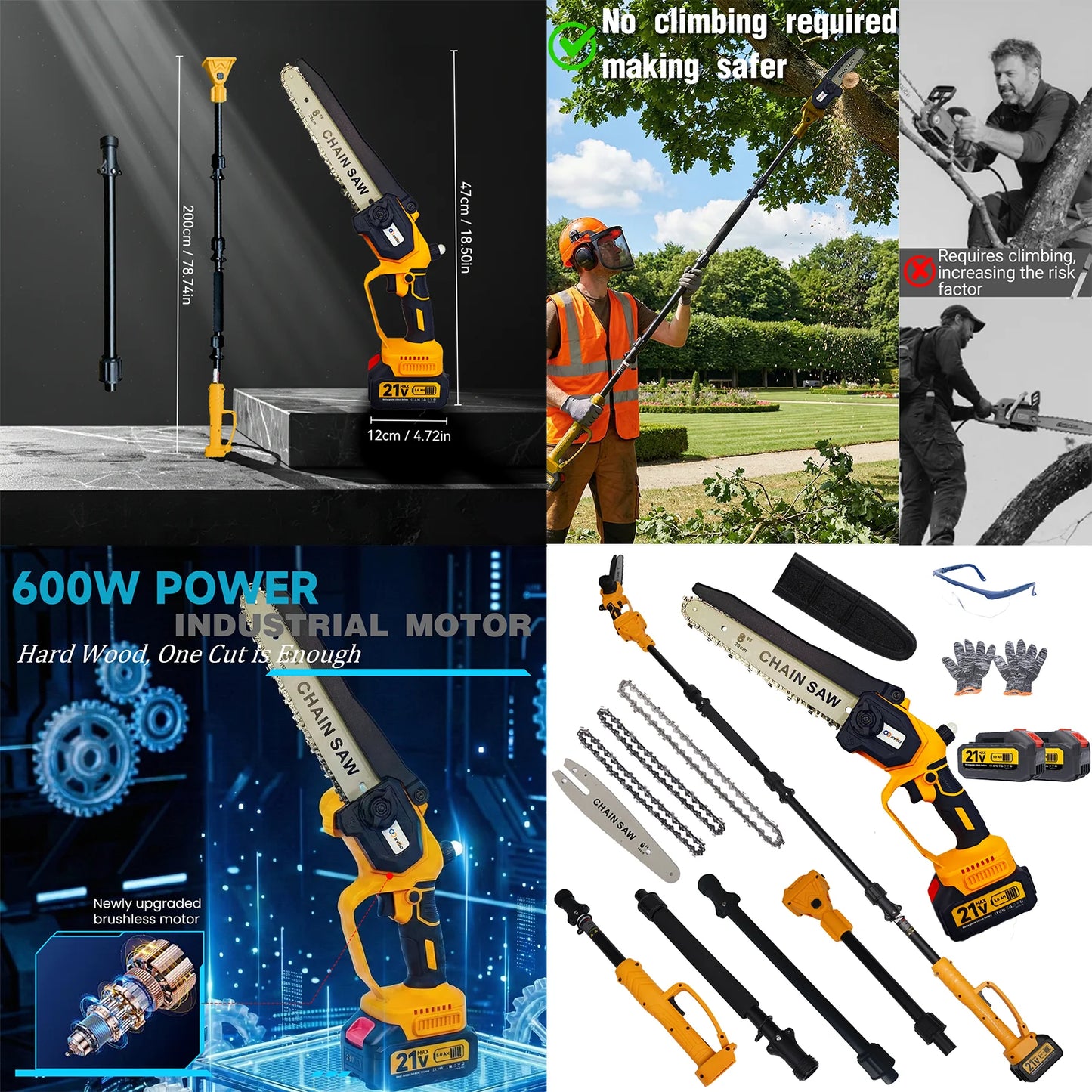 2-In-1 Electric Pole Saw Cordless Extension Pole For Wood Cutting