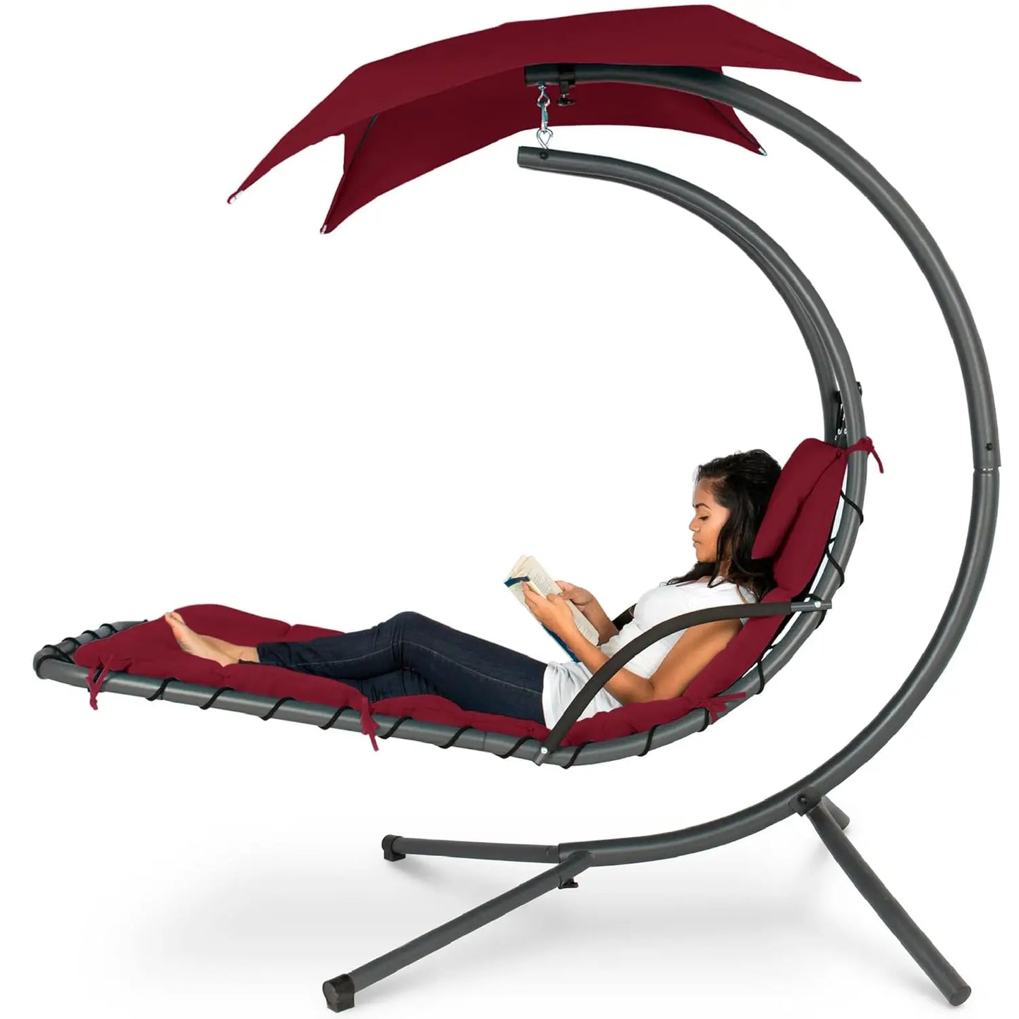 Curved Steel Outdoor Hanging Chaise Lounge With Built In Pillow And Canopy