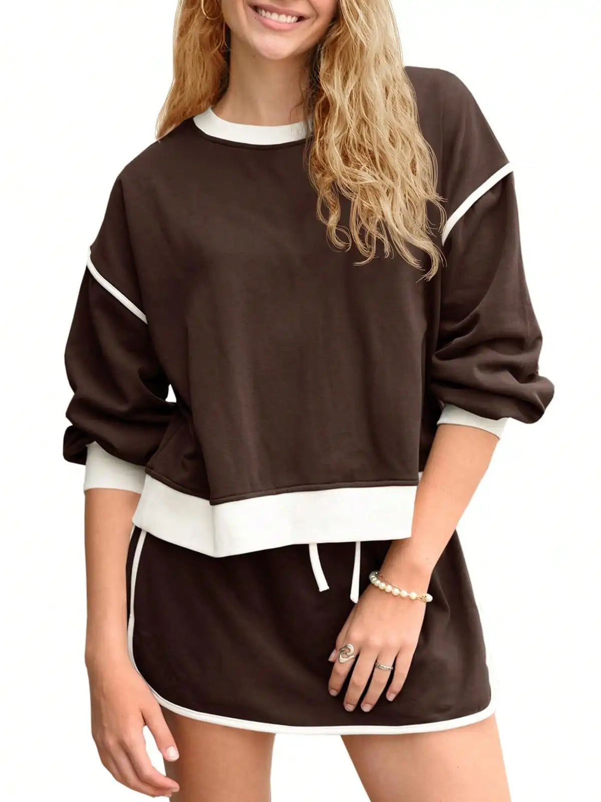 Fisoew Women's 2 Piece Crewneck Sweatshirt Skort Sweatsuit Lounge Set