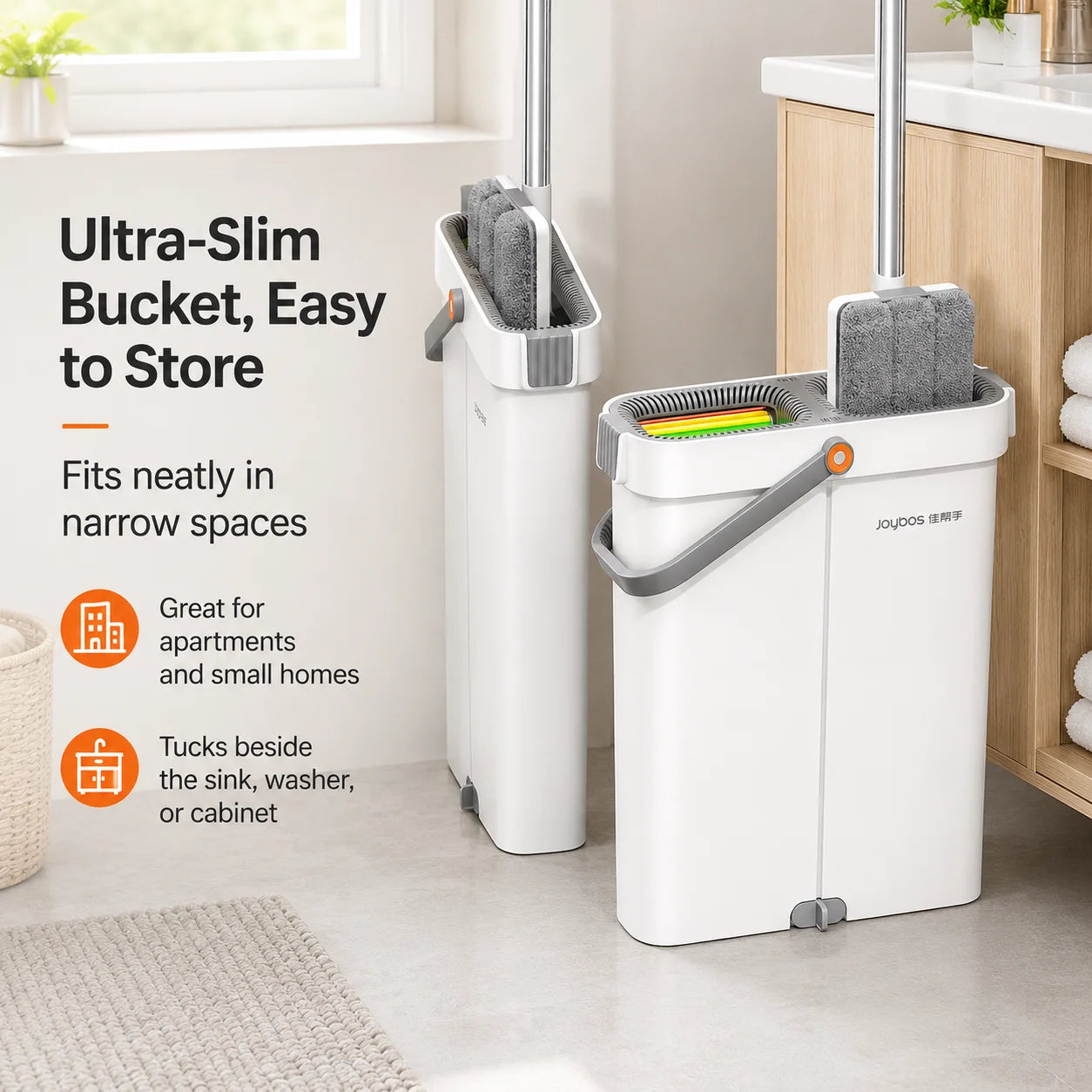 Joybos Ultra Slim Flat Mop And Bucket System With 2 Microfiber Pads 360 Swivel