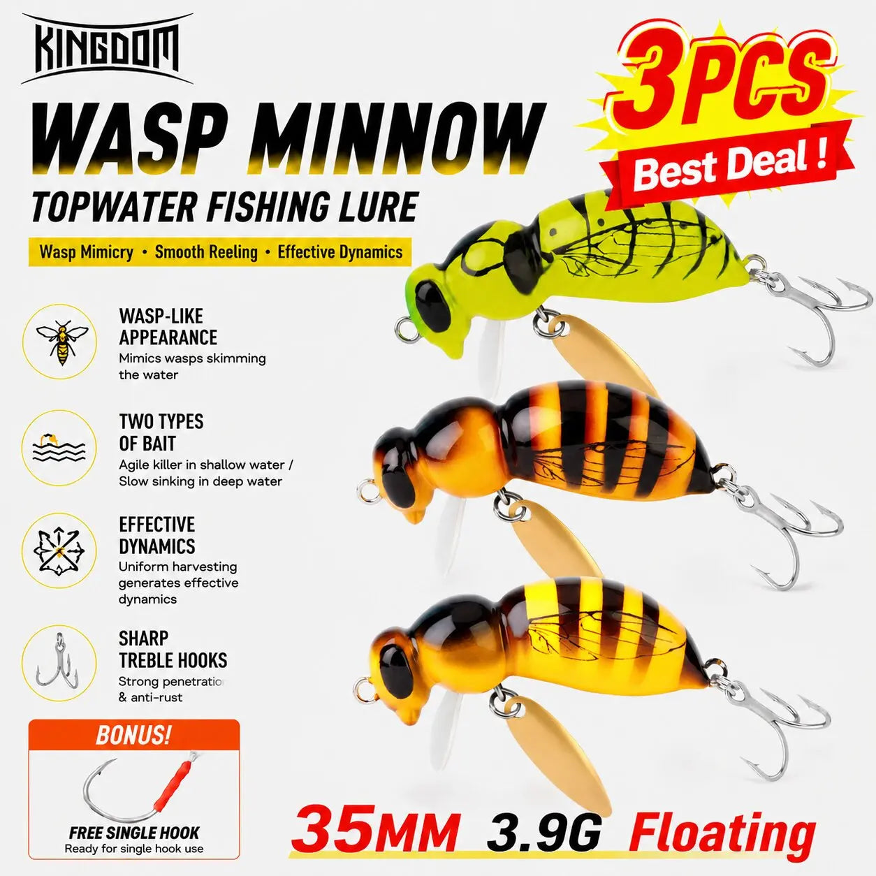 Kingdom Wasp Minnow Floating Fishing Lure With Spinner Hook