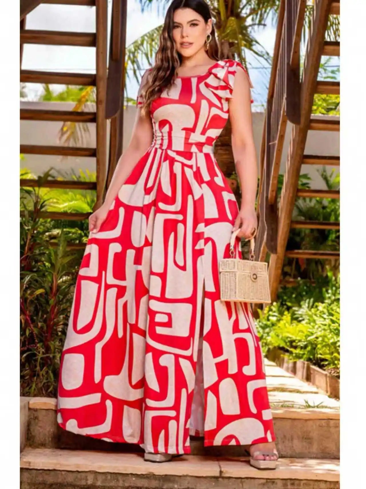 Elegant Sleeveless Geometric Print Maxi Dress Side Bow Summer Vacation