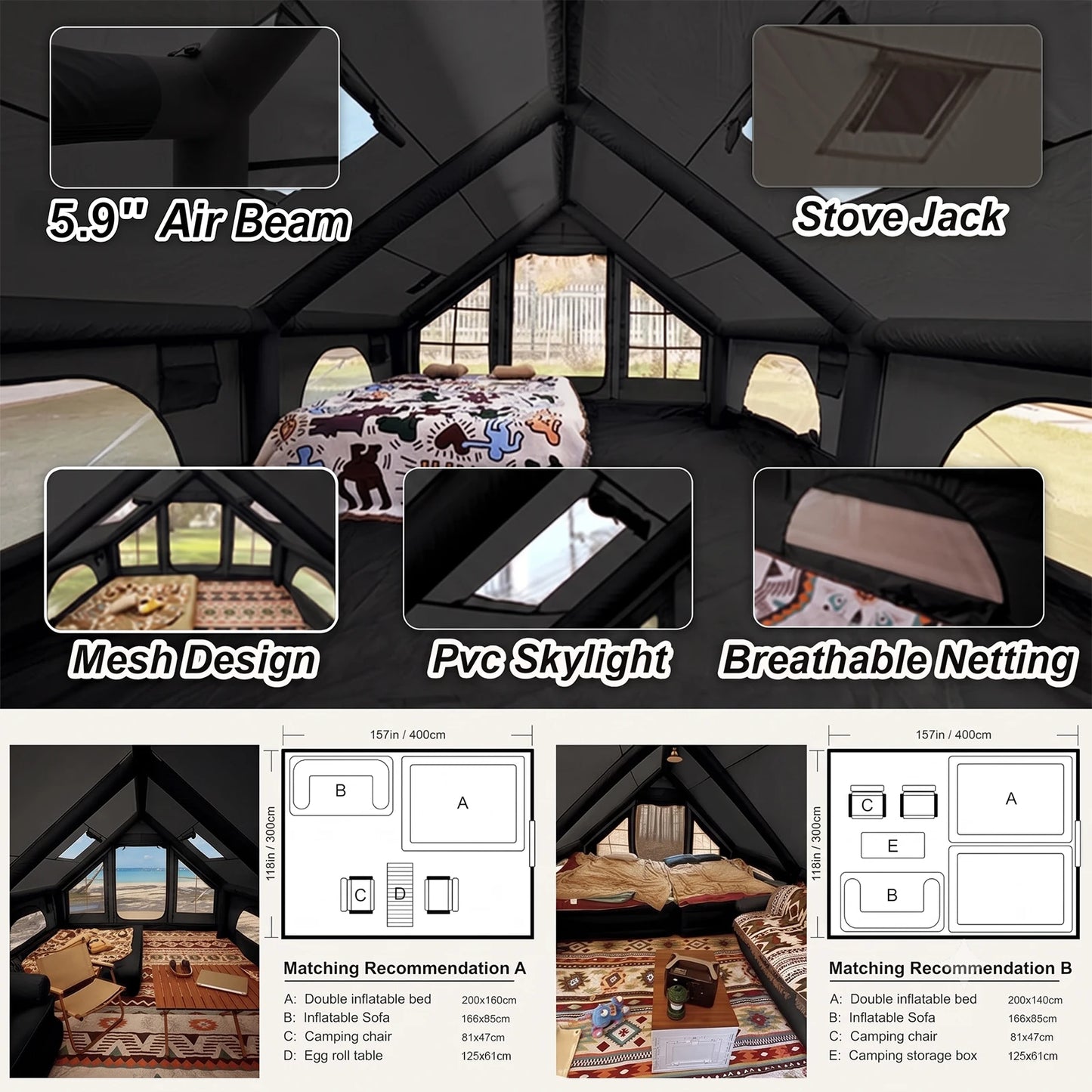 Senleeto Inflatable Family Camping Tent With Rainfly And Stove Jack