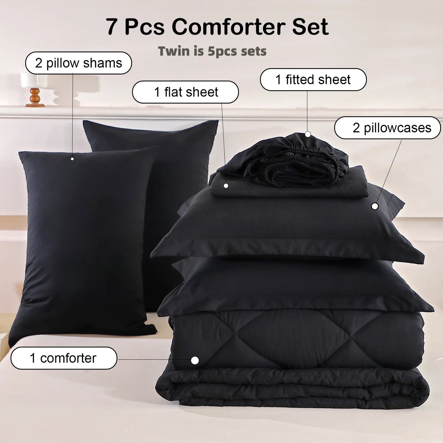 EasYum 7 Piece Bedding Set Comforter Flat Fitted Sheets Pillowcases