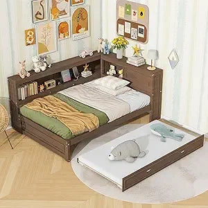 Daybed With Trundle And Storage Bookcase Led Lights Usb Ports