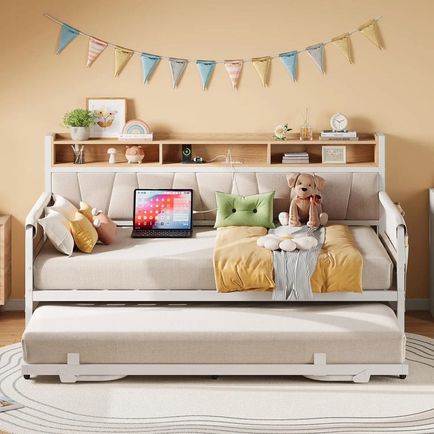 LIKIMIO Daybed Trundle Twin Bed Frame Upholstered Headboard And Charging